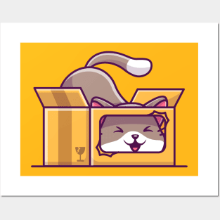 Cute Cat Playing In The Box Cartoon (3) Posters and Art